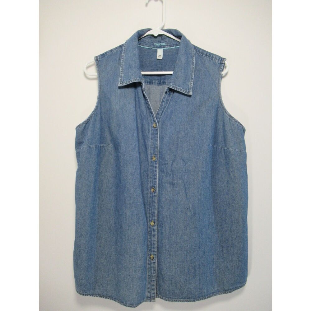 Cherokee Sleeveless Denim Button Down Shirt Size 16W 90's VTG